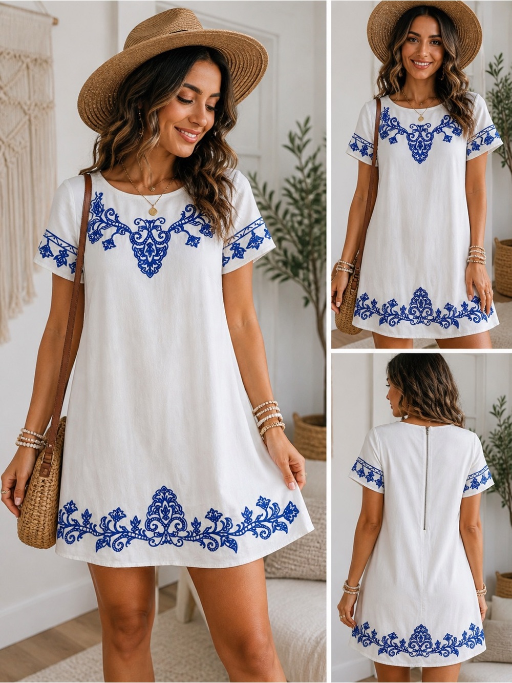Lulus Boho Embroidered Mini Dress White Blue | Flowy Shift Tunic Vacation S